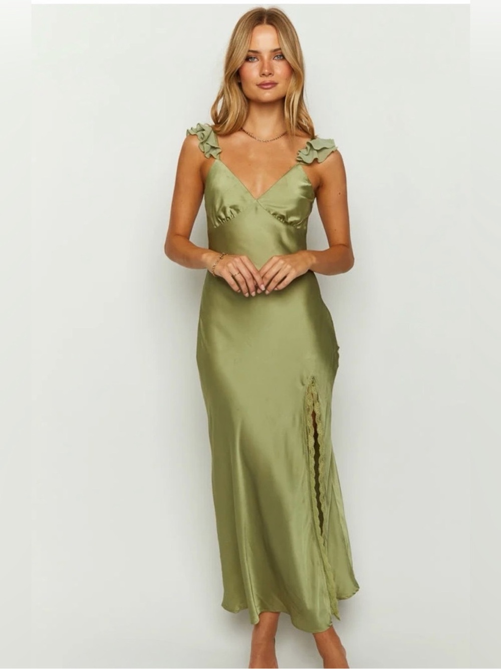 Beginning Boutique Olive Satin Ruffle Strap Maxi Dress- NWOT